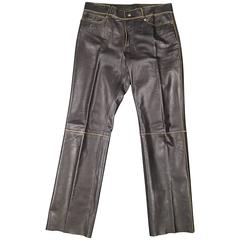 JOHN BARTLETT Size 34 Black Leather Tan Trim Jean Cut Pants