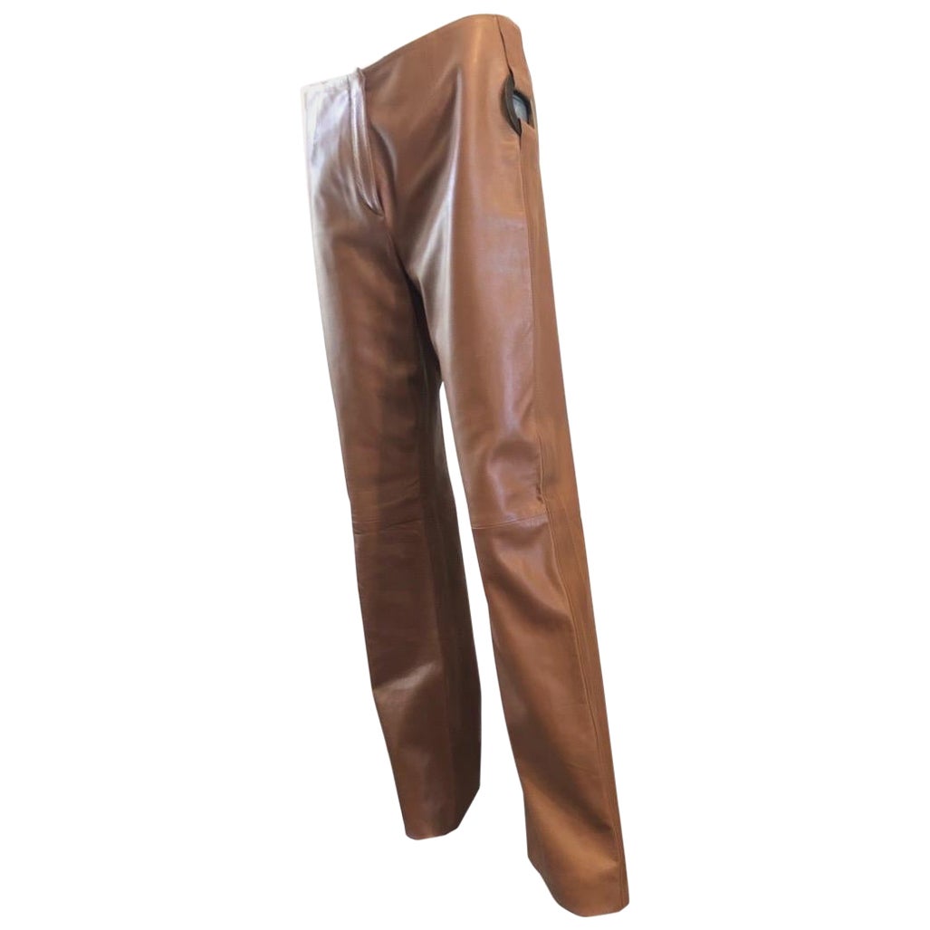 Valentino Italy Runway Collection Cognac Vintage Leather Pants with Rings Size 8 For Sale 6