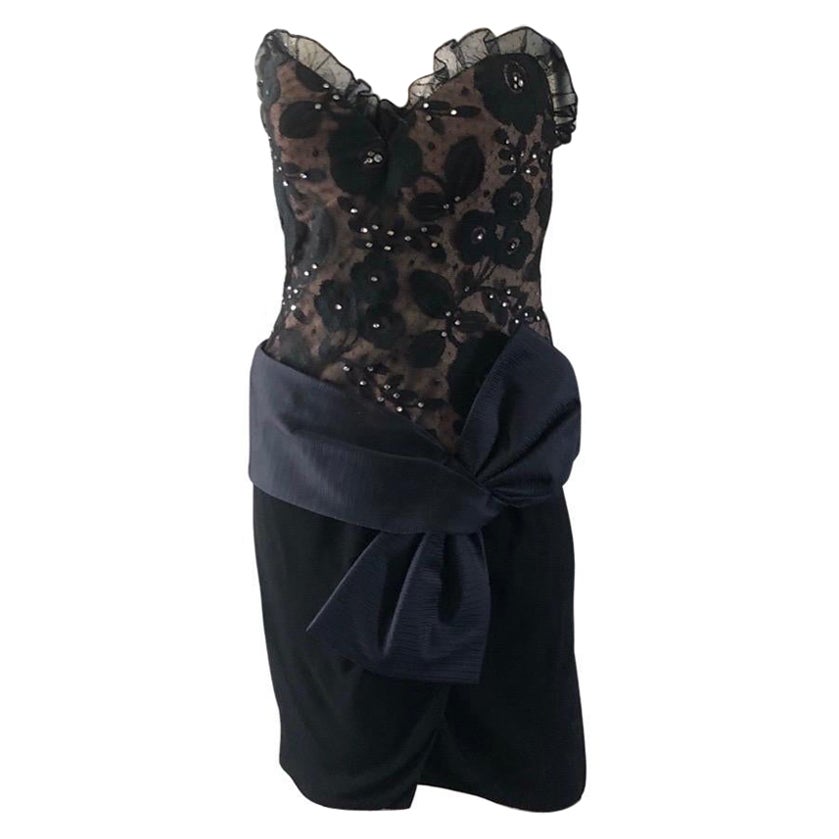 Bill Blass Vintage Black Jeweled Lace Cocktail Dress w/Bow Size 6/8  5