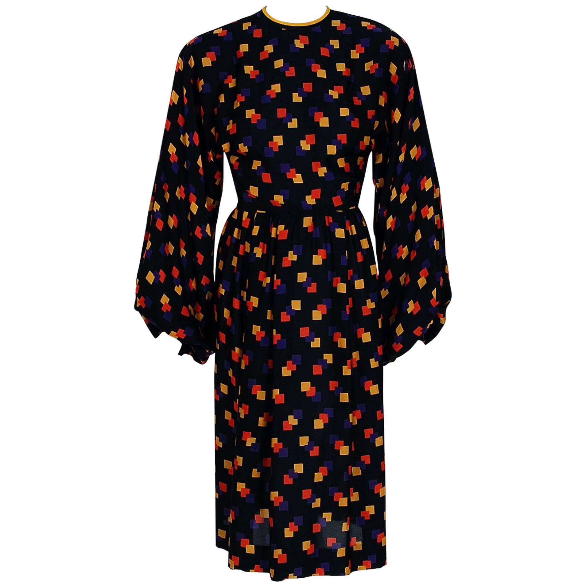 1970's Galanos Colorful Graphic Deco Print Silk Billow-Sleeves Cocktail Dress