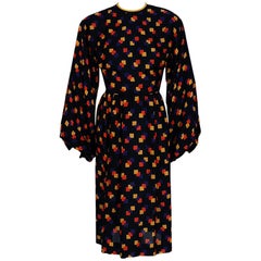 1970
s Galanos Colorful Graphic Deco Print Silk Billow-Sleeves Cocktail Dress