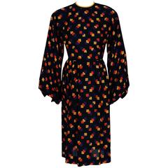 1970's Galanos Colorful Graphic Deco Print Silk Billow-Sleeves Cocktail Dress 4