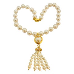 Vtg gold pearl rhinestone heart tassel necklace designer runway