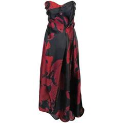 Naeem Khan Black and Bordeaux Bold Floral Print Strapless Ball Gown