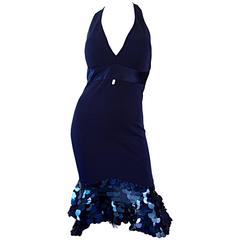 CD Greene Couture One Of A Kind Navy Blue Silk Jersey Paillette Mermaid Dress