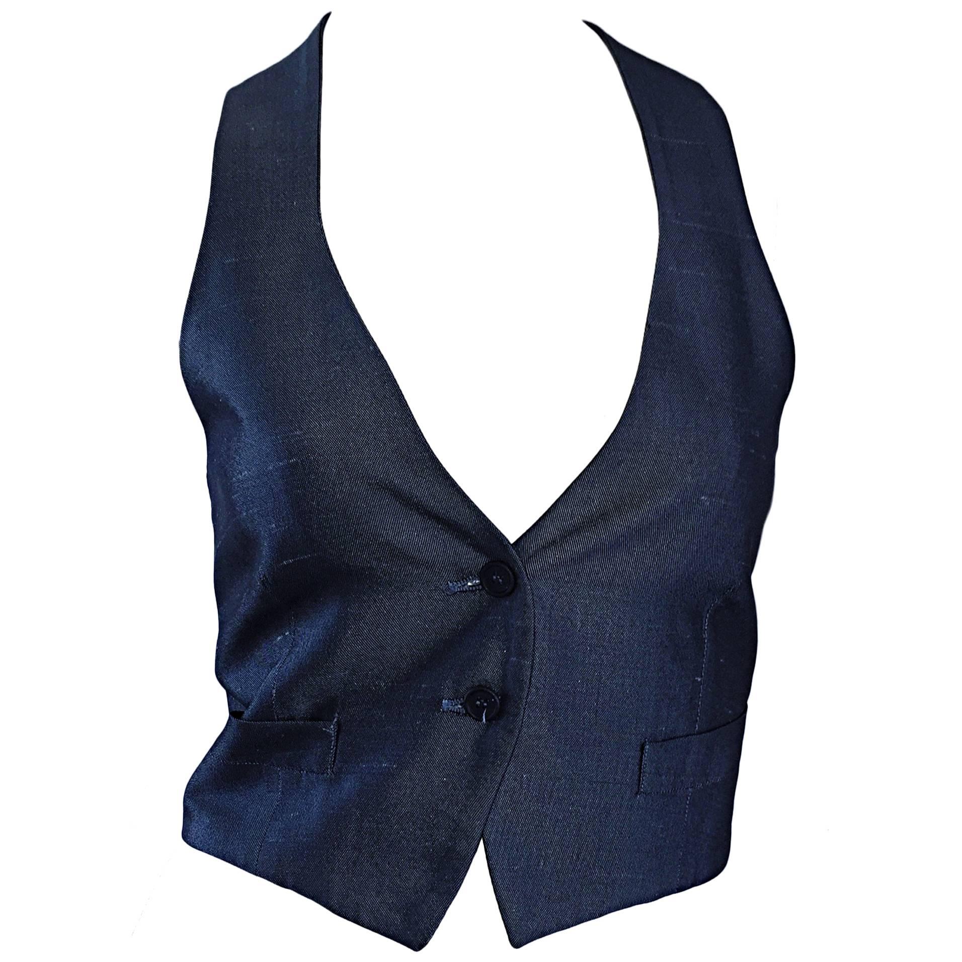Romeo Gigli Vintage 1990s Blue Grey Silk 90s Fitted Cropped Waistcoat Vest