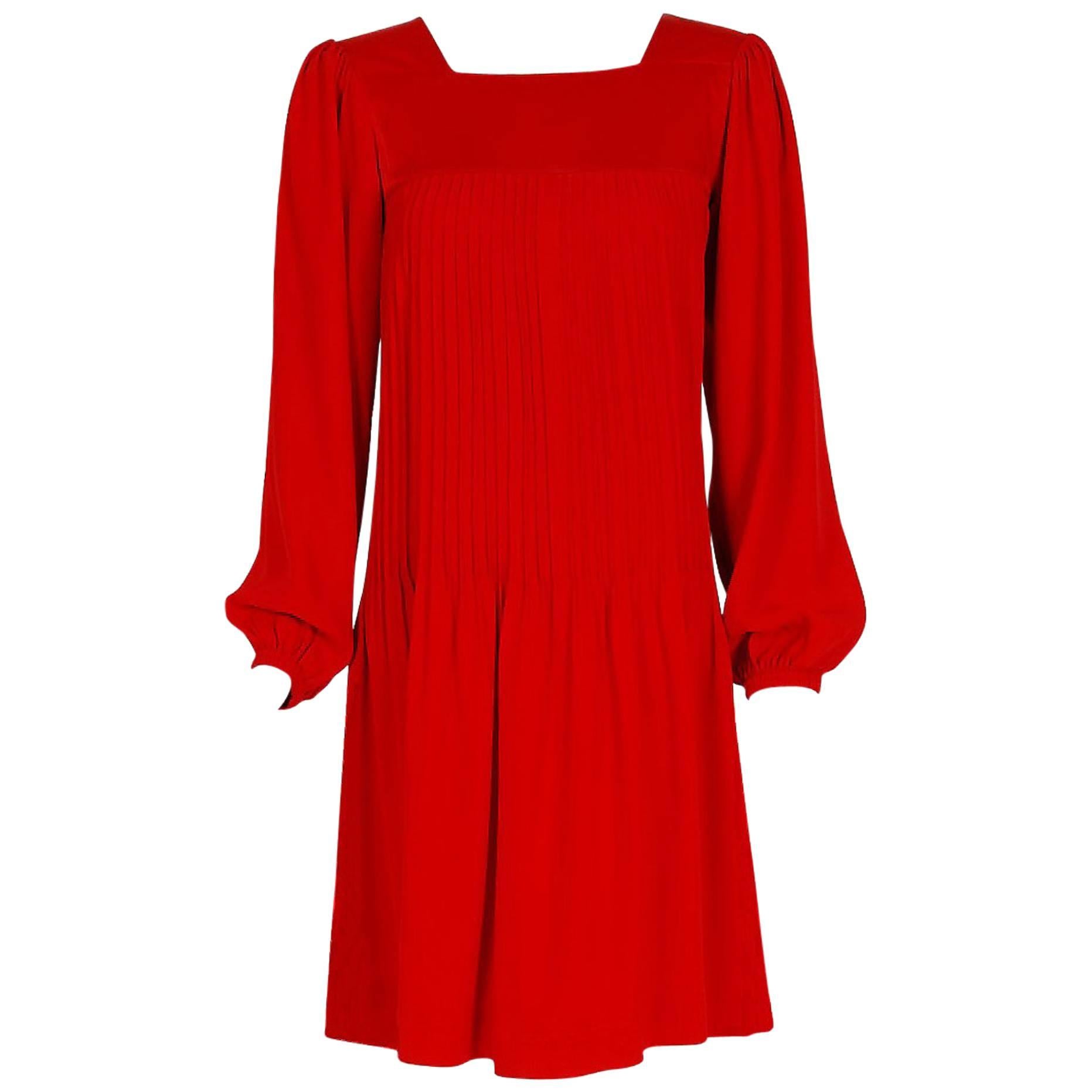 1970's Yves Saint Laurent Ruby-Red Pleated Crepe & Satin Billow-Sleeve Dress