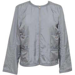 CHANEL Jacket Quilted Collarless Grey Blue Zipper Front Sz 40 Spring 2013