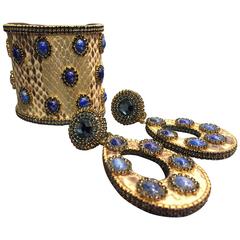 Retro 1980s Prego Snakeskin Cuff and Drop Earrings w Rhinestones and Cabochons