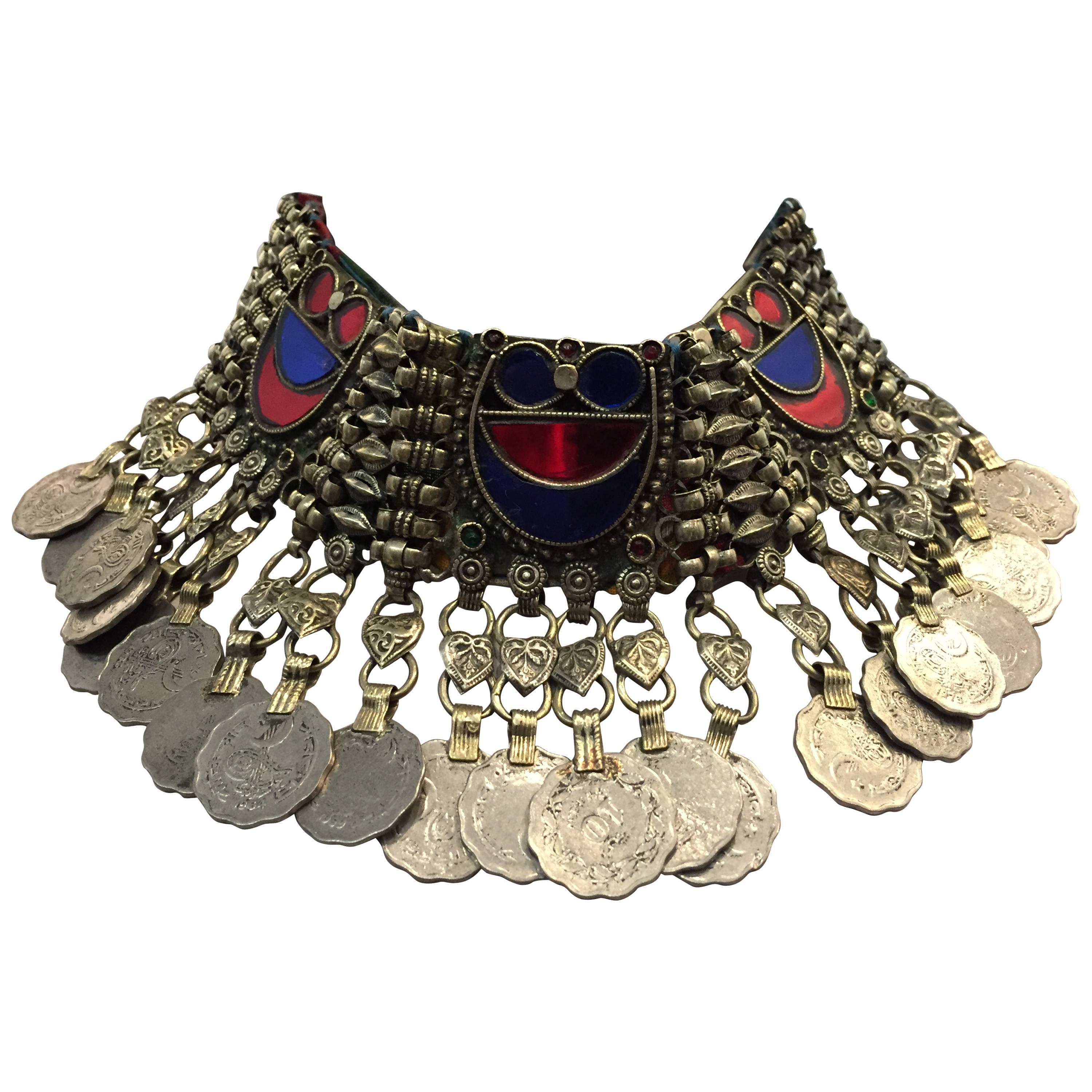 Ethnic Coin Bib Necklace w Tinted Mirror Tile Inlay For Sale