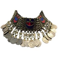 Vintage Ethnic Coin Bib Necklace w Tinted Mirror Tile Inlay