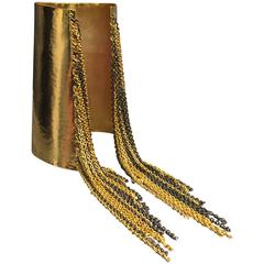 1980s Hammered Gold-Tone Cuff with Gold and Pewter Chain Fringe