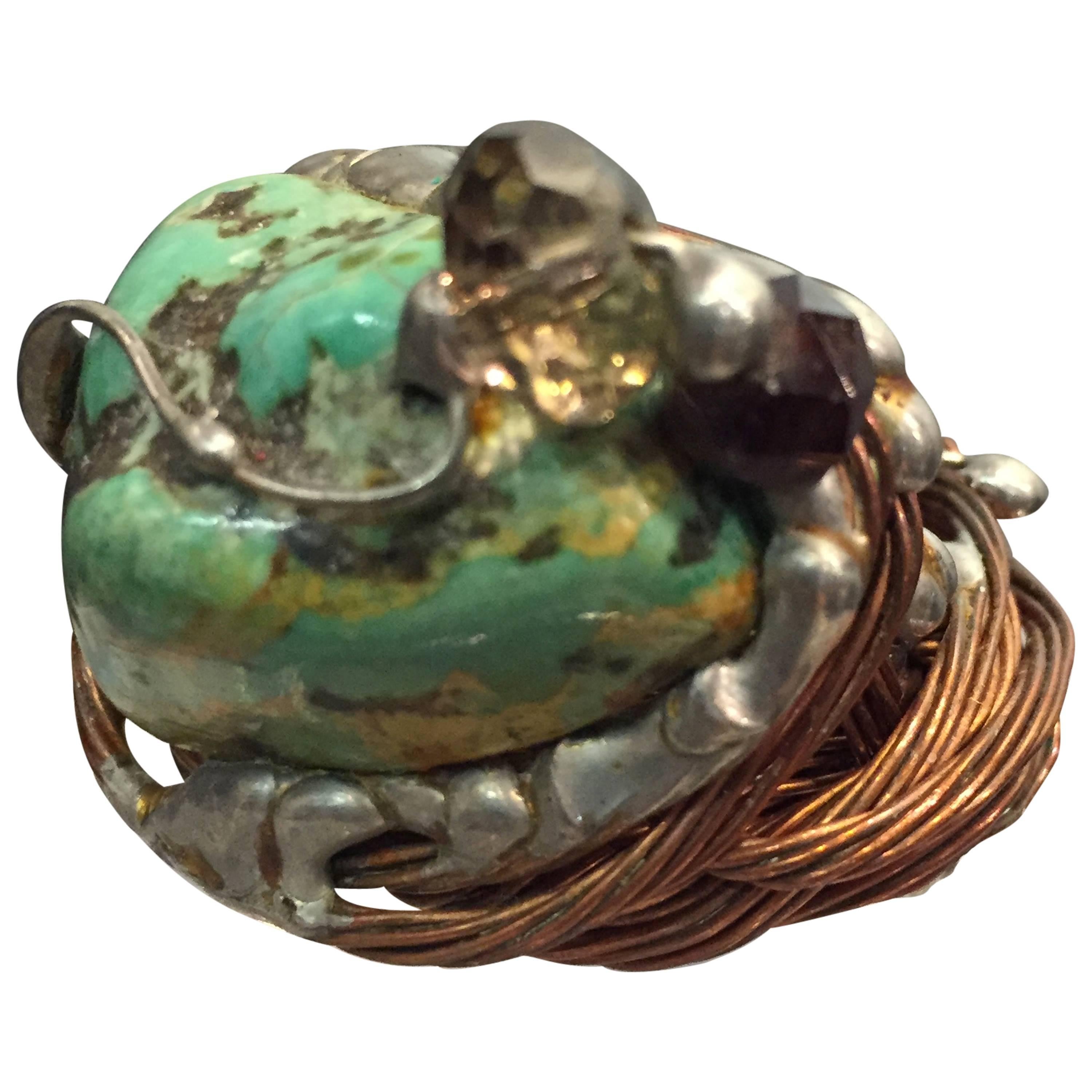1970s Hand-Crafted Copper Wire and Turquoise Center Stone Ring