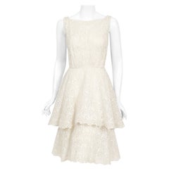 Used 1950's Ceil Chapman Ivory Embroidered Eyelet Cotton Tiered Bridal Dress