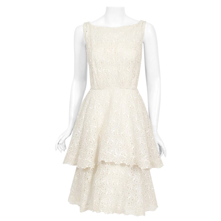 Vintage 1950's Ceil Chapman Ivory Embroidered Eyelet Cotton Tiered Bridal Dress For Sale