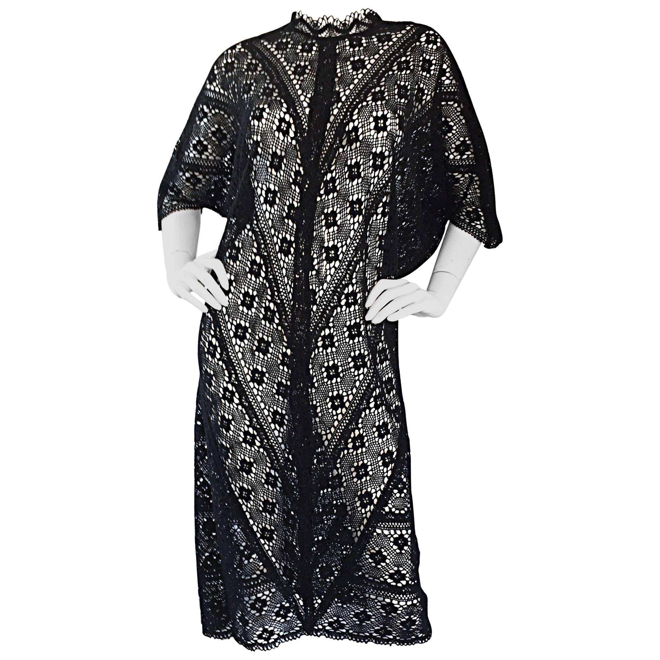 Vintage Tachi Castillo Mexican Hand Crochet Cotton 1970s 70s Black Caftan Dress