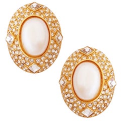 Vintage Gilt & Crystal Pavé Oval Statement Earrings With Pearls By Heidi Daus, 1990s