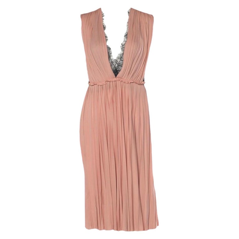 NEW Gucci Ruched Nude Pink Godess Dress with Lace Insert Bodice XS For Sale