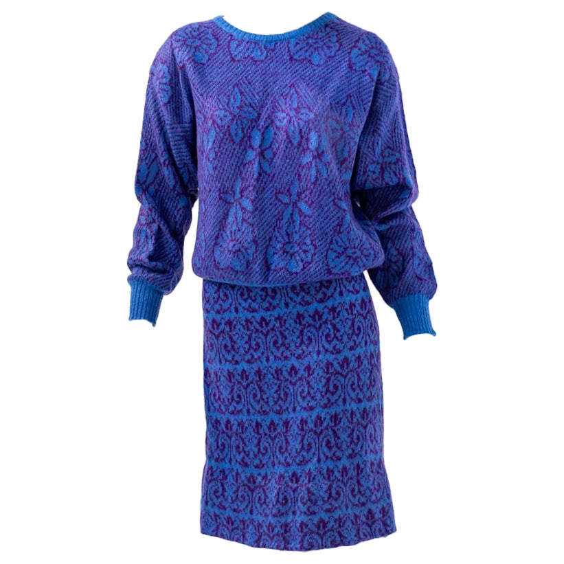 Benetton - Combinaison jupe en laine bleue vintage