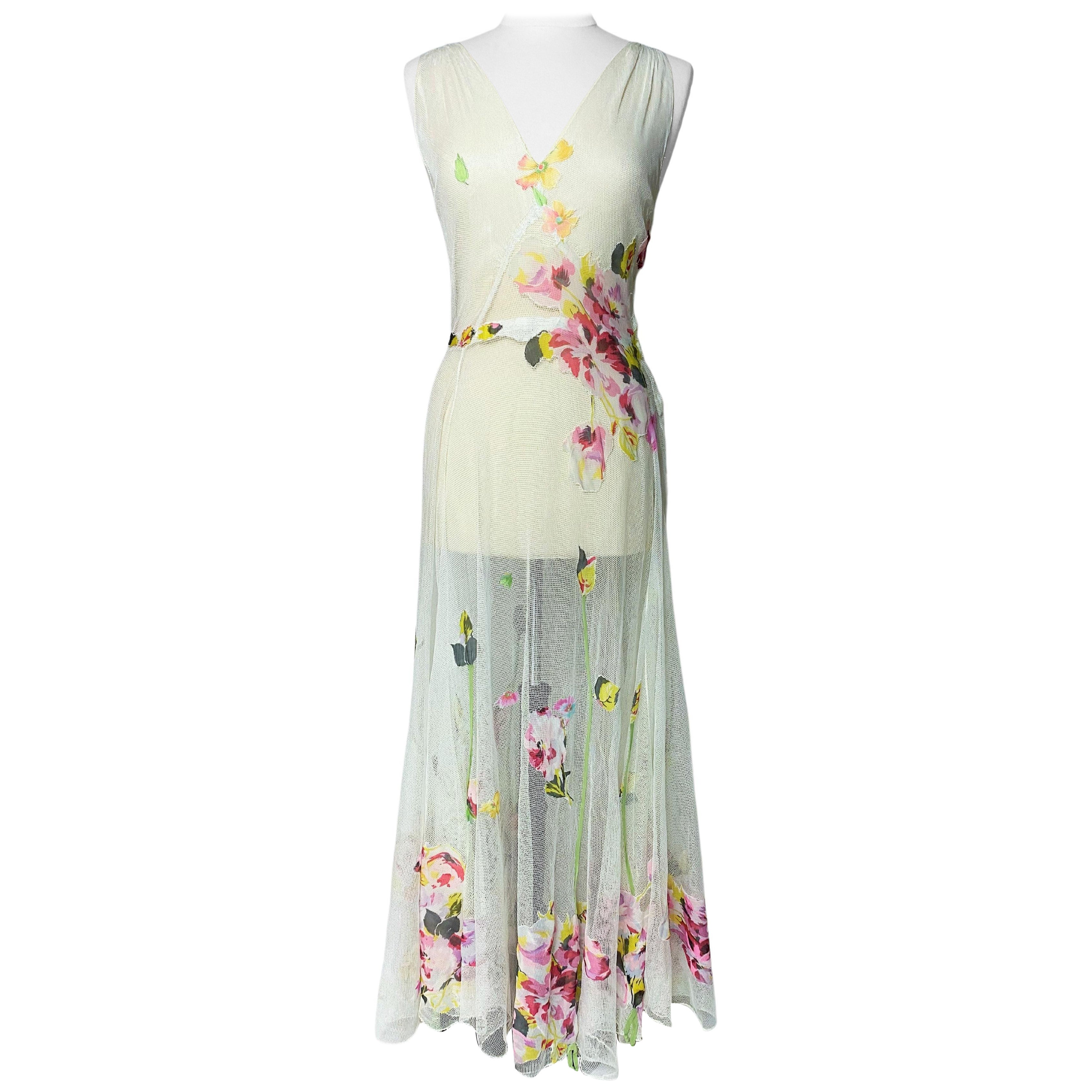 A Romantic Dress in white cotton Net applied with printed Chiffon Circa 1938 For Sale