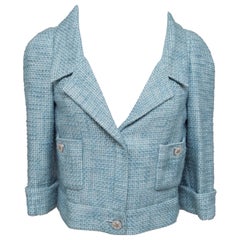 CHANEL Jacket Blazer Tweed Blue Cropped Crystal Sz 38 Cruise 2013