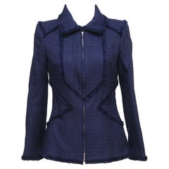 CHANEL Jacket Blazer Coat Tweed Navy Blue Iridescent Gunmetal Buttons 10P Sz 38
