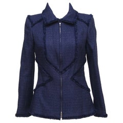 CHANEL Blazer Jacket Coat Tweed Navy Blue Iridescent Gunmetal Buttons 10P Sz 38