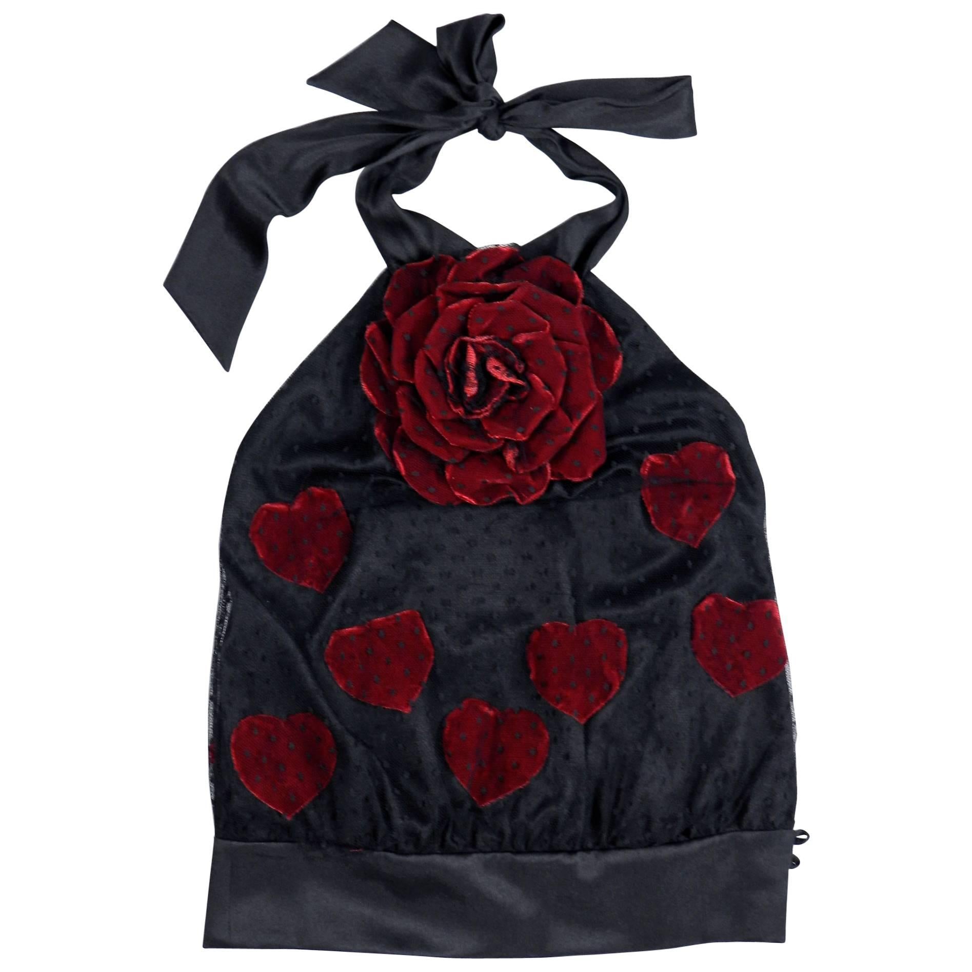 Moschino black lace halter top with red velvet rose and hearts