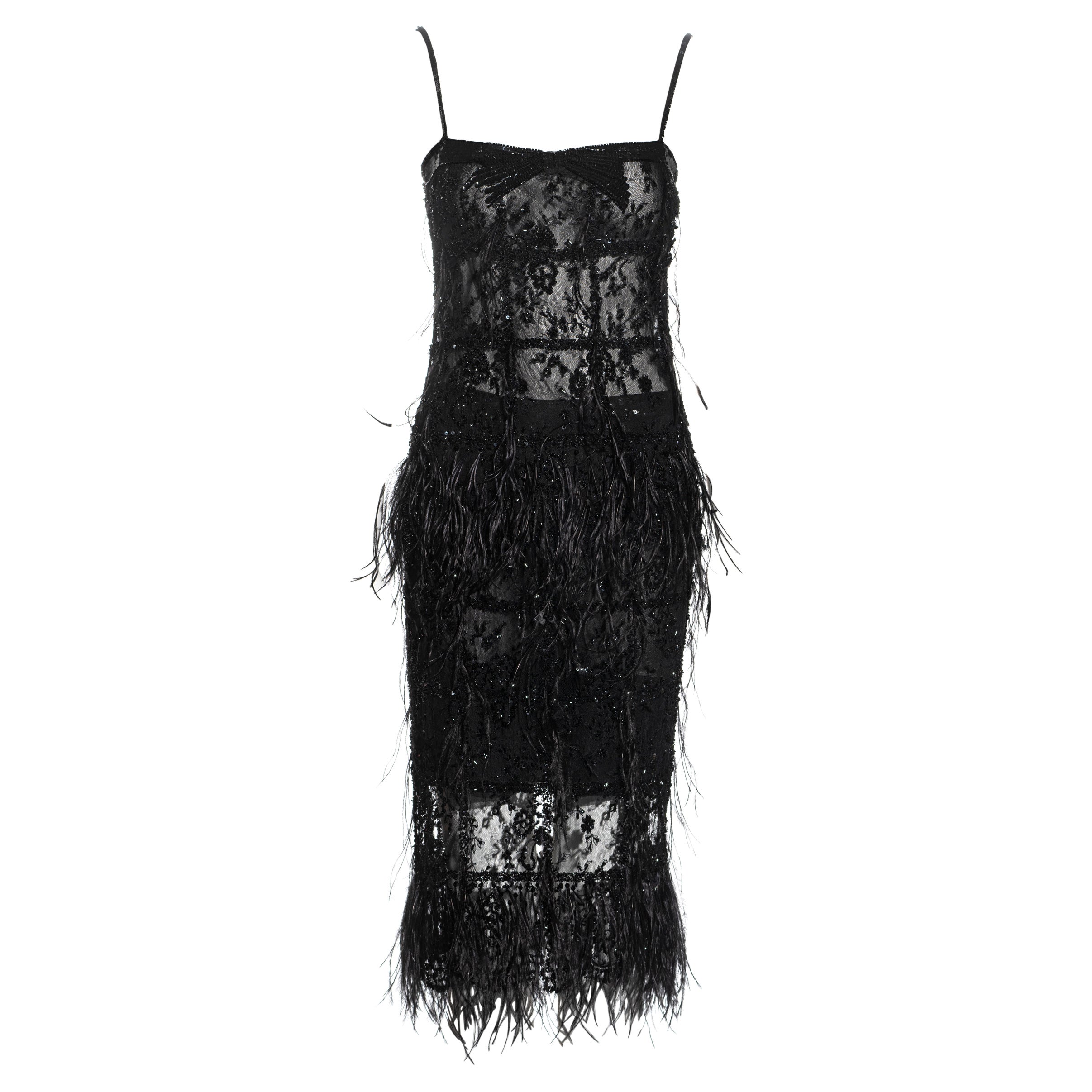 Valentino black beaded lace and ostrich feather evening top and