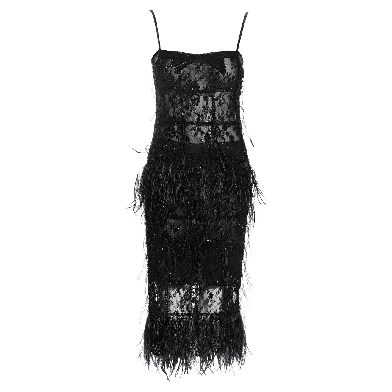 Valentino black beaded lace and ostrich feather evening top and skirt ...