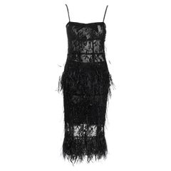 Used Valentino black beaded lace and ostrich feather evening top and skirt, fw 2001