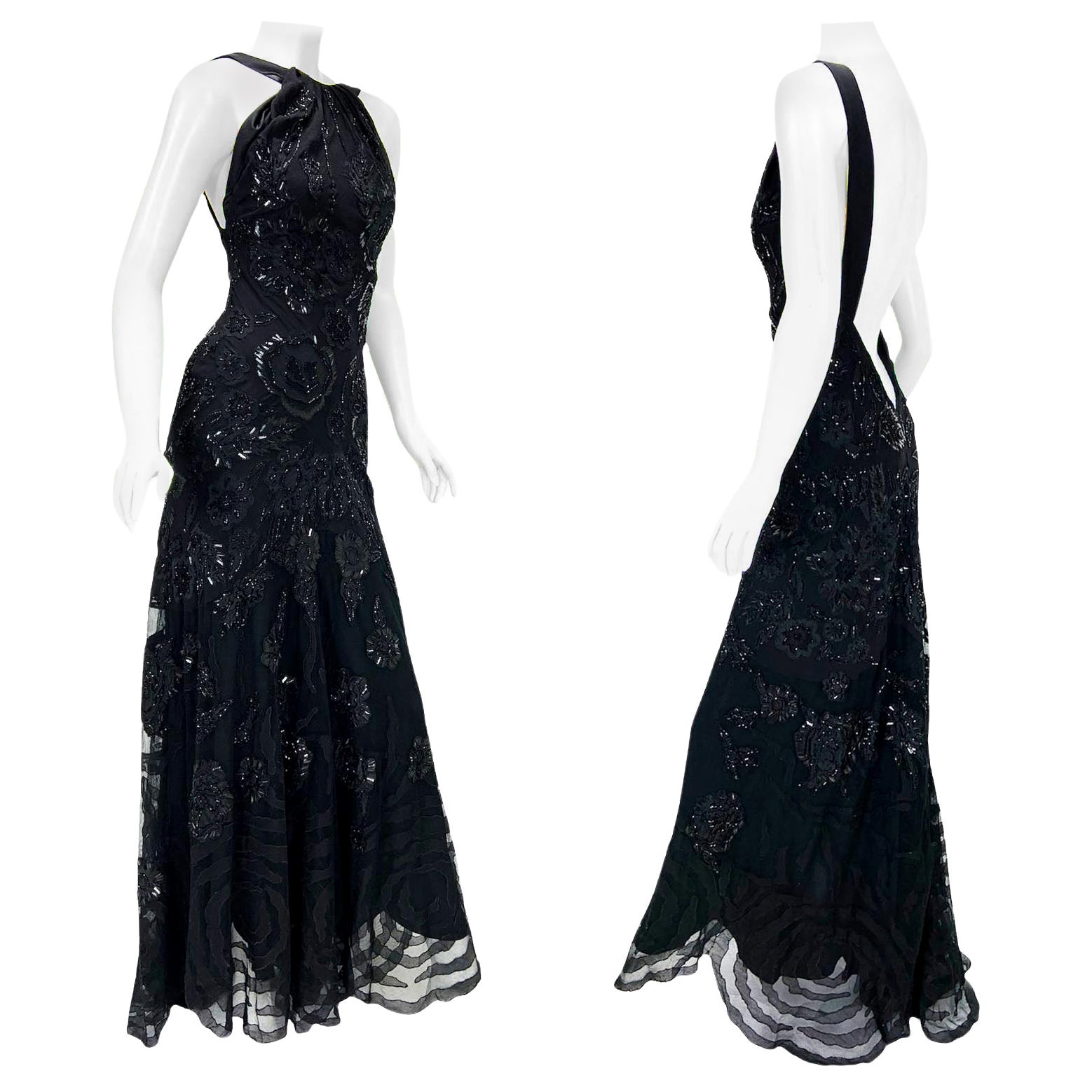 Roberto Cavalli Vintage Black Tulle Fully Embellished Open Back Dress Gown L For Sale