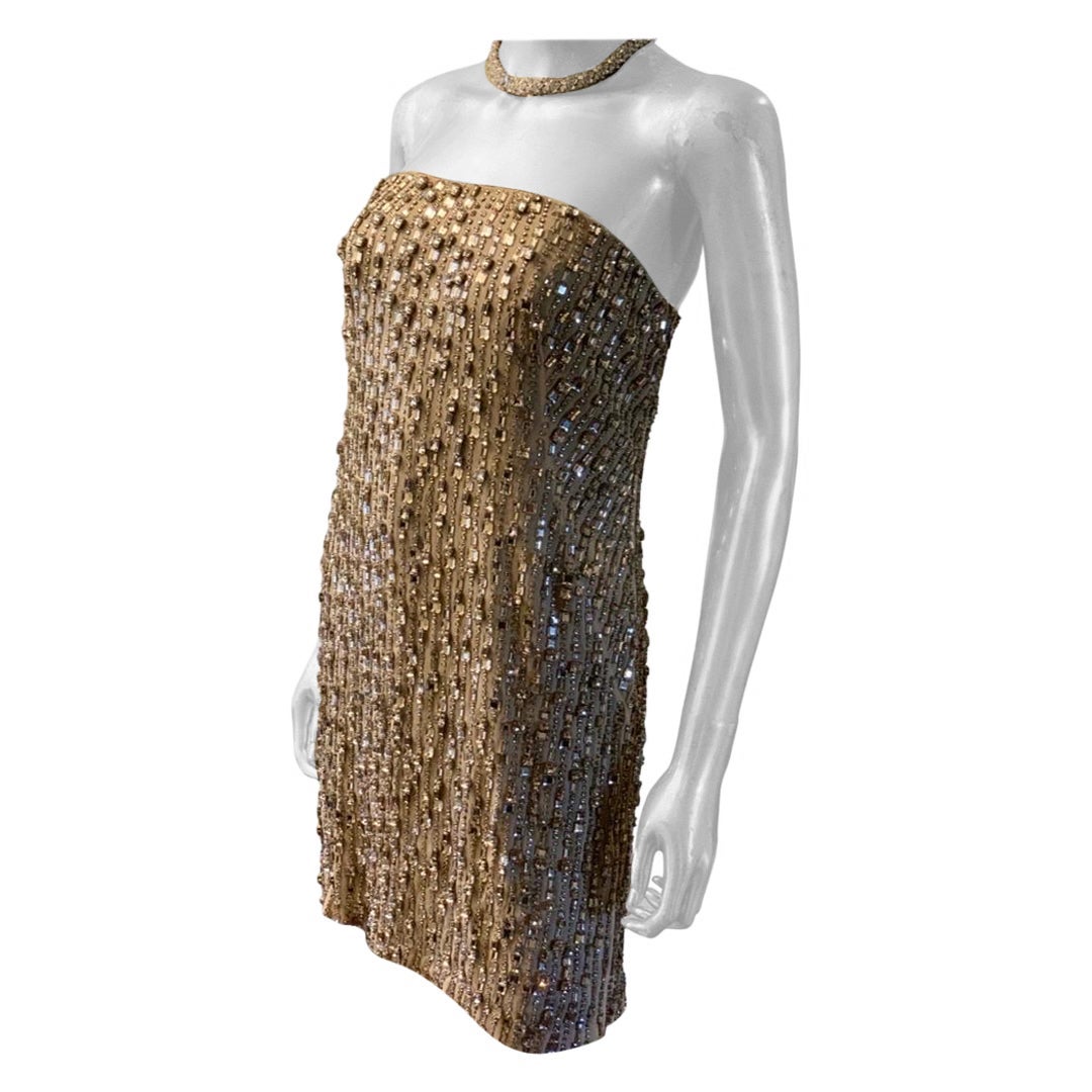 One of the most beautiful, sexy and modern dresses we have ever listed. By our favorite design duo, KaufmanFranco. The nude silk is completely embellished in hand beaded rhinestones. It shines like it is real diamonds. The quality is that good. It