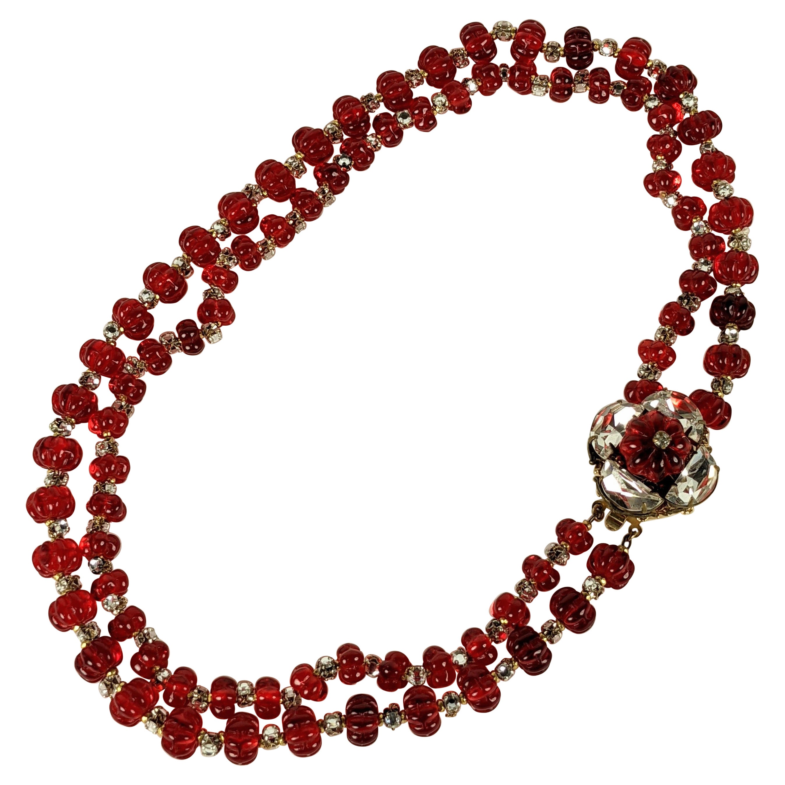 Miriam Haskell Ruby Melon Gripoix Glass Bead Necklace For Sale