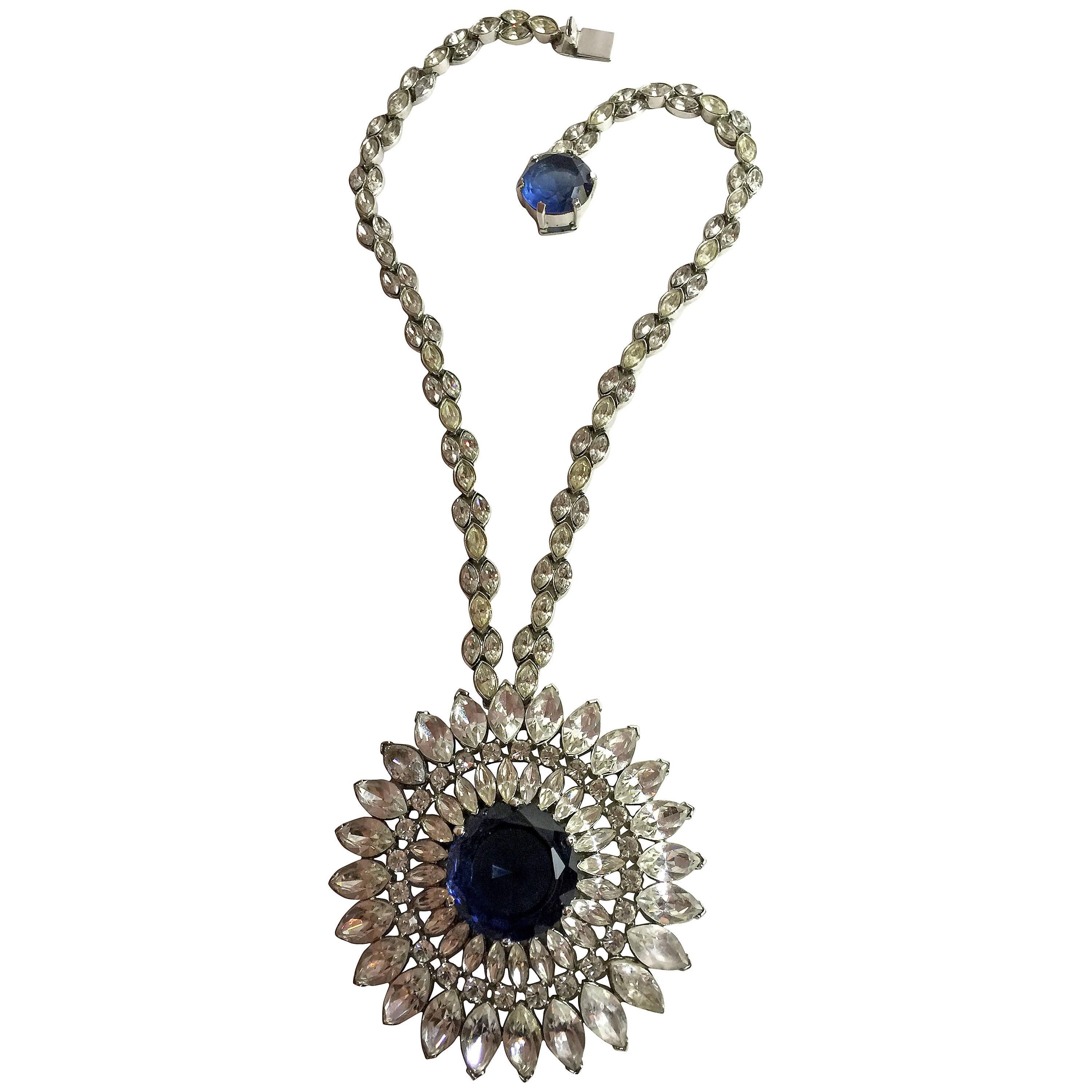 1950s TRIFARI Rhodium Silvertone Faux Sapphire & Diamond Pendant DROP Necklace For Sale