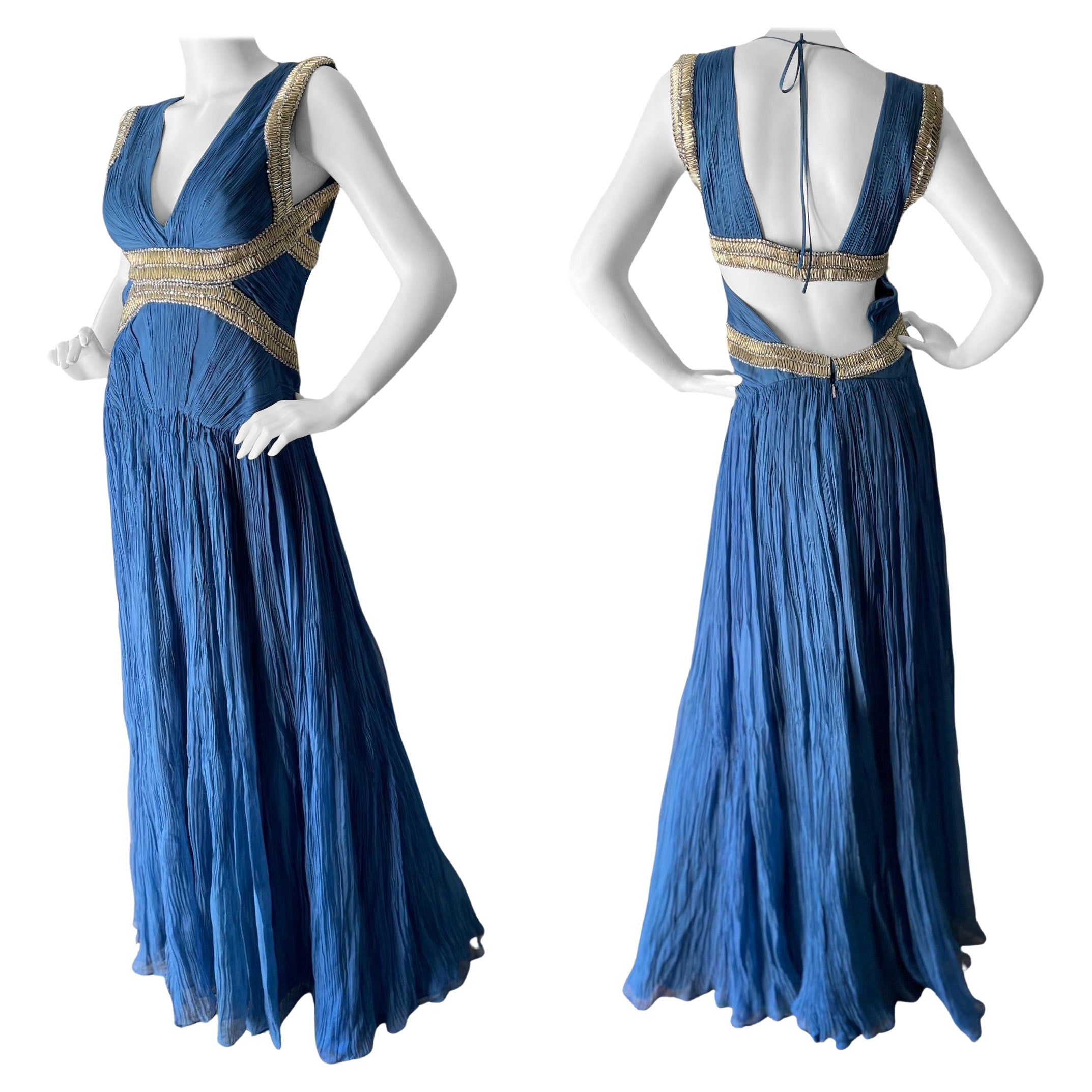 Roberto Cavalli Vintage Pleated Blue Beaded Evening Dress with Sexy Back