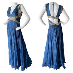 Roberto Cavalli Vintage Pleated Blue Beaded Evening Dress with Sexy Back
