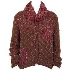 2001 Fall Chanel Khaki & Pink Chunky Knit Sweater Set 