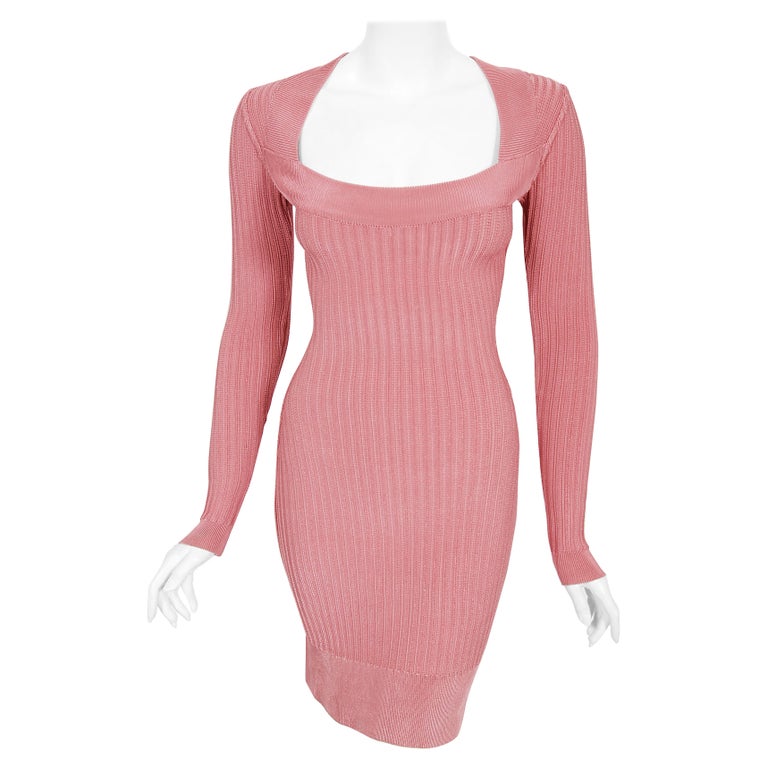 Vintage 1990 Azzedine Alaia Blush-Pink Ribbed Knit Long Sleeve Bodycon Dress For Sale