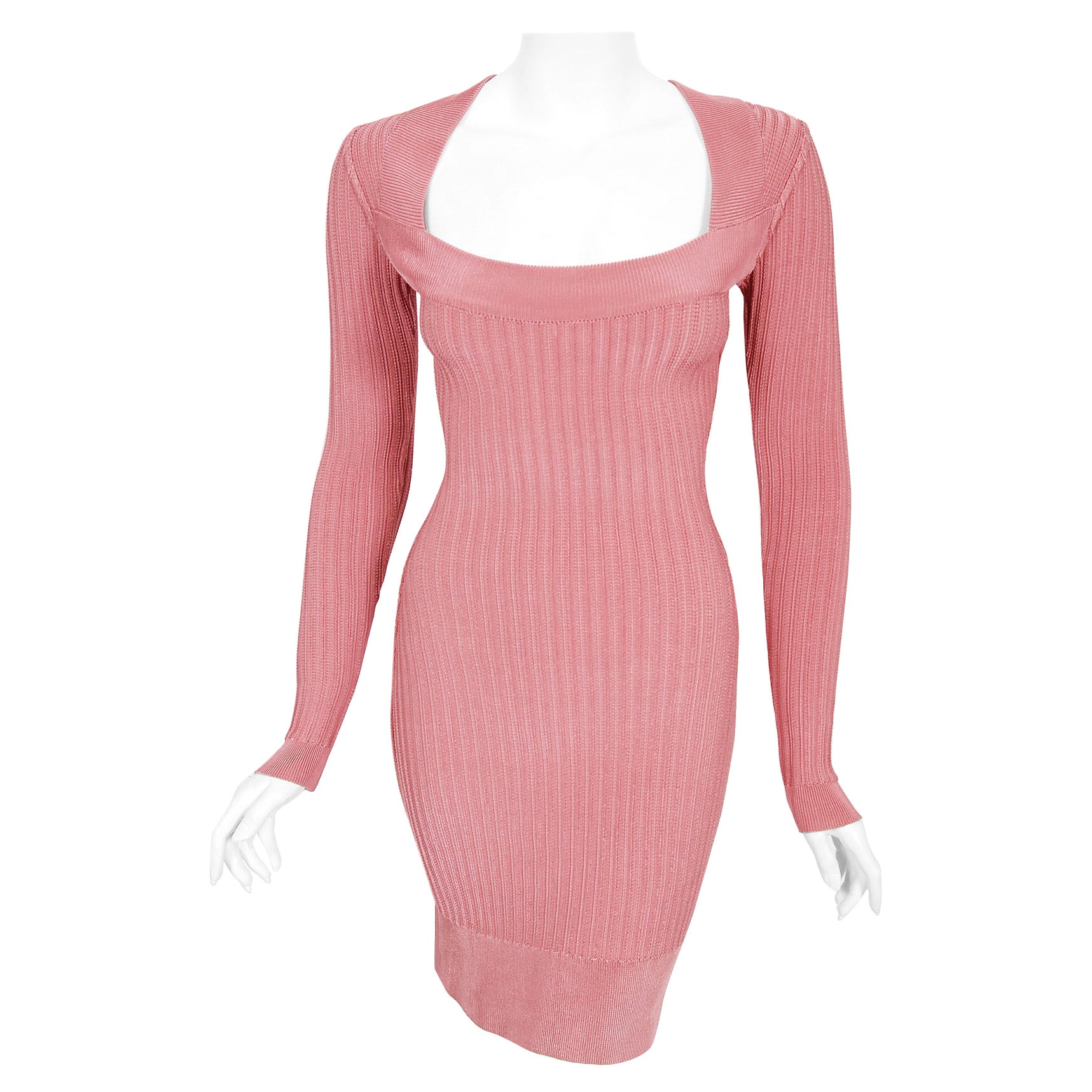 Vintage 1990 Azzedine Alaia Blush-Pink Ribbed Knit Long Sleeve Bodycon Dress