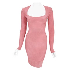 Vintage 1990 Azzedine Alaia Blush-Pink Ribbed Knit Long Sleeve Bodycon Dress