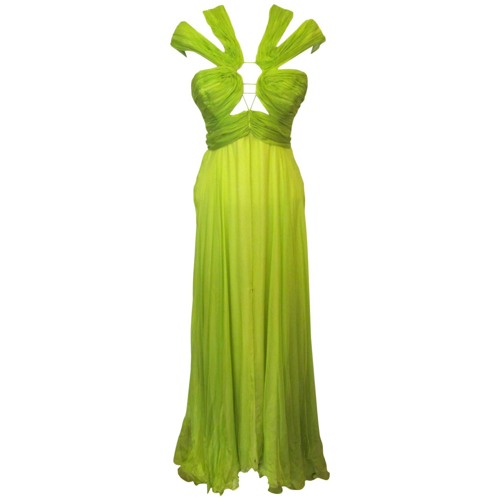 Emanuel Ungaro Chartreuse Green Silk Chiffon Halter Evening Gown For Sale