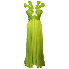 Emanuel Ungaro Chartreuse Green Silk Chiffon Halter Evening Gown