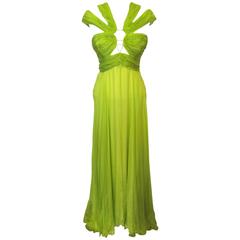 Emanuel Ungaro Chartreuse Green Silk Chiffon Halter Evening Gown 9