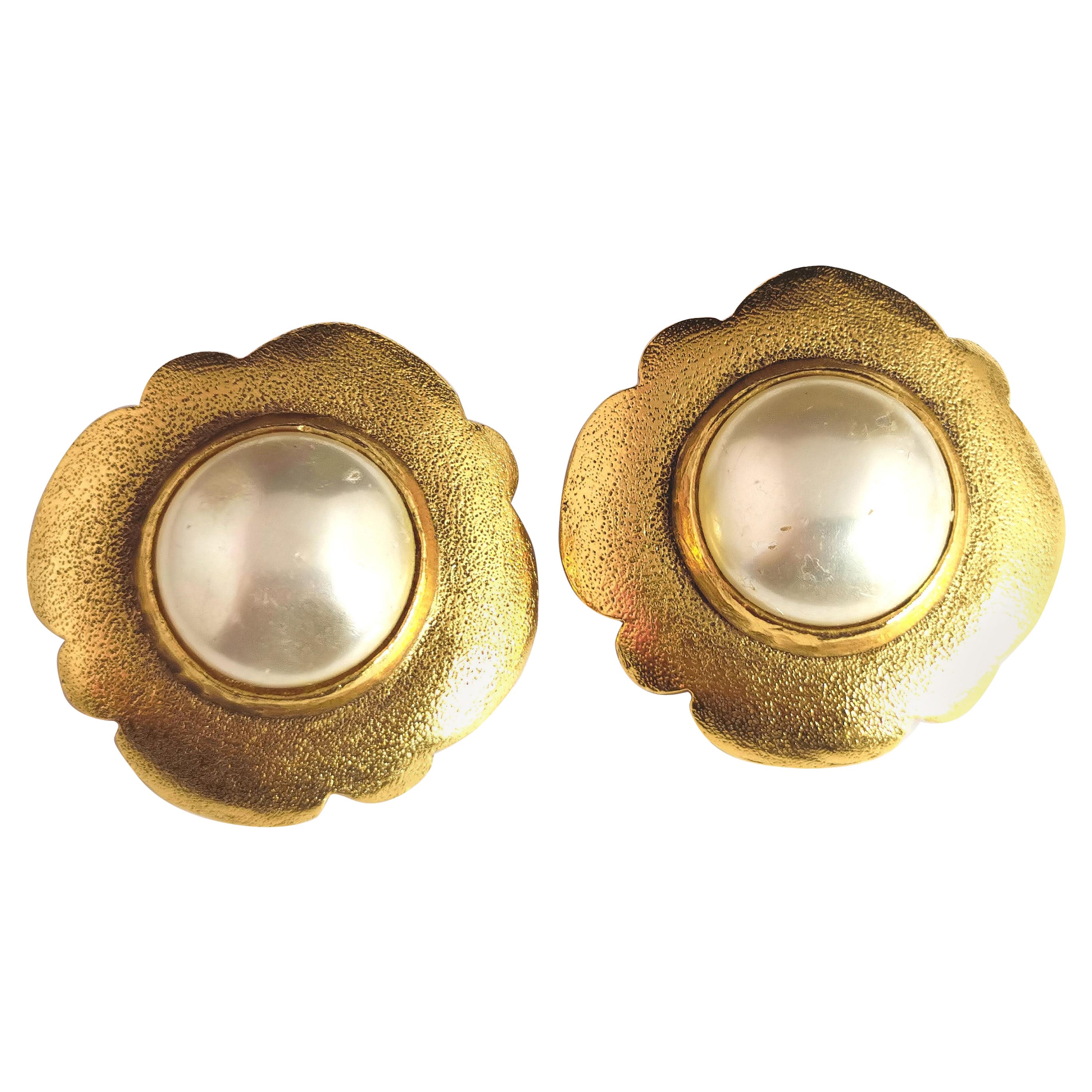 Vintage Chanel faux pearl clip on earrings, Gold tone, c1980s 