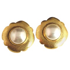 Vintage Chanel faux pearl clip on earrings, Gold tone, c1980s 