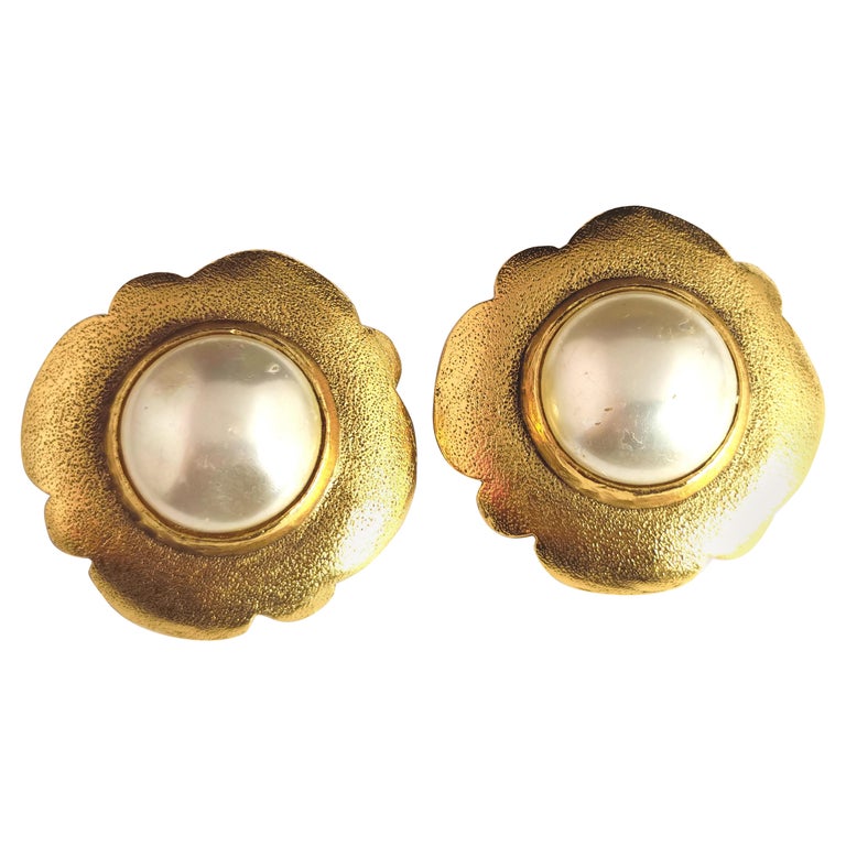 Vintage Chanel faux pearl clip on earrings, Gold tone, c1980s For