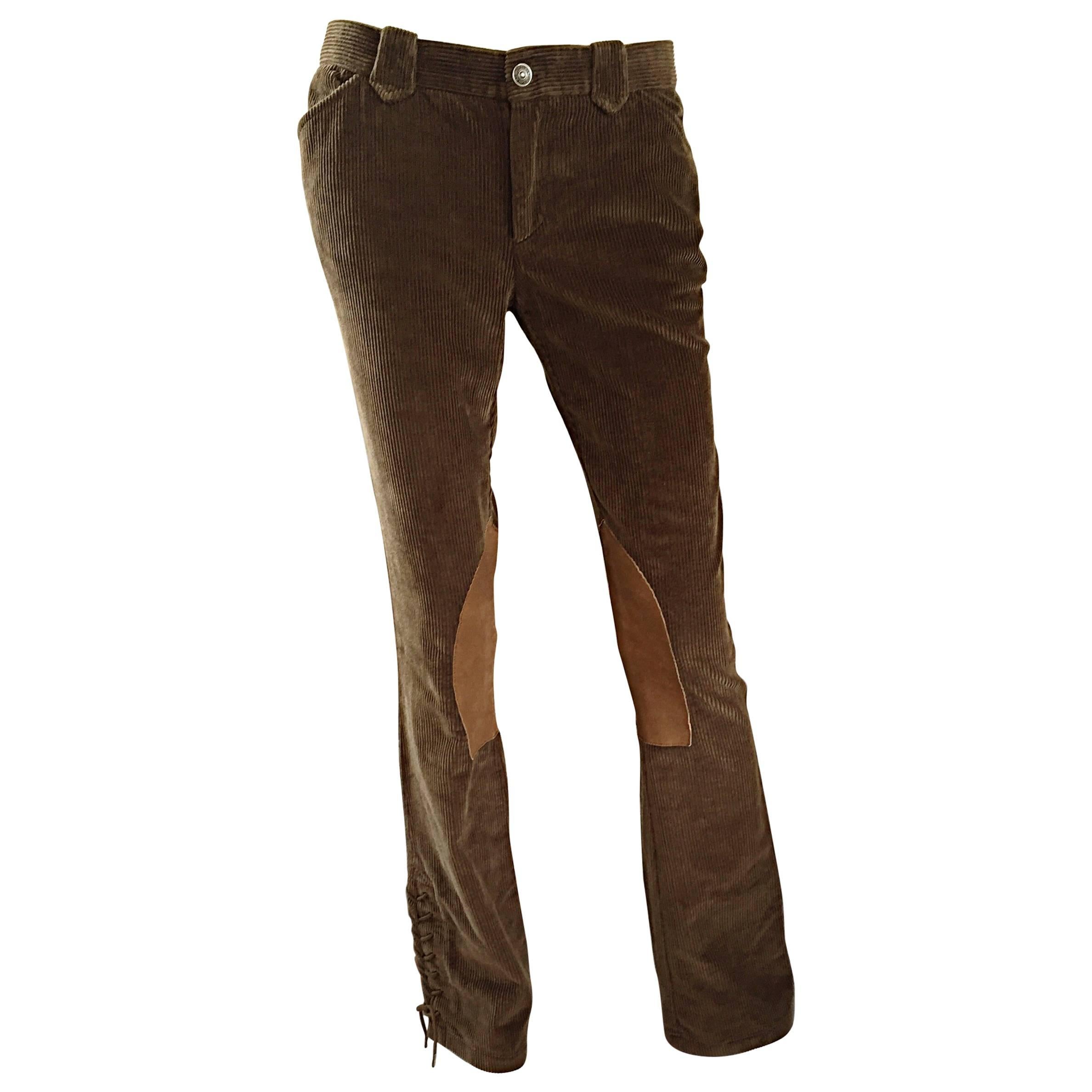 1990s Ralph Lauren ' Blue Label ' Tan & Brown Corduroy + Suede Flare Leg Pants For Sale