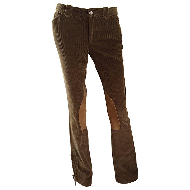1990s Ralph Lauren ' Blue Label ' Tan and Brown Corduroy + Suede Flare Leg  Pants For Sale at 1stDibs
