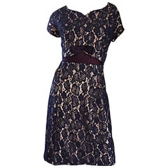 Beautiful 1950s 50s Navy Blue Lace & Nude Silk A - Line Fit & Flare Bow Dress